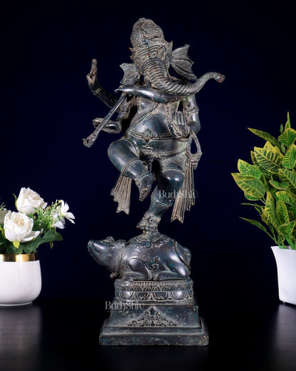 Bronze Dancing Ganesha Playing Flute on Mooshak statue | Lost Wax Casting | 16.5" - Budhshiv.com