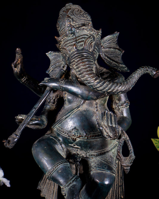 Bronze Dancing Ganesha Playing Flute on Mooshak statue | Lost Wax Casting | 16.5" - Budhshiv.com