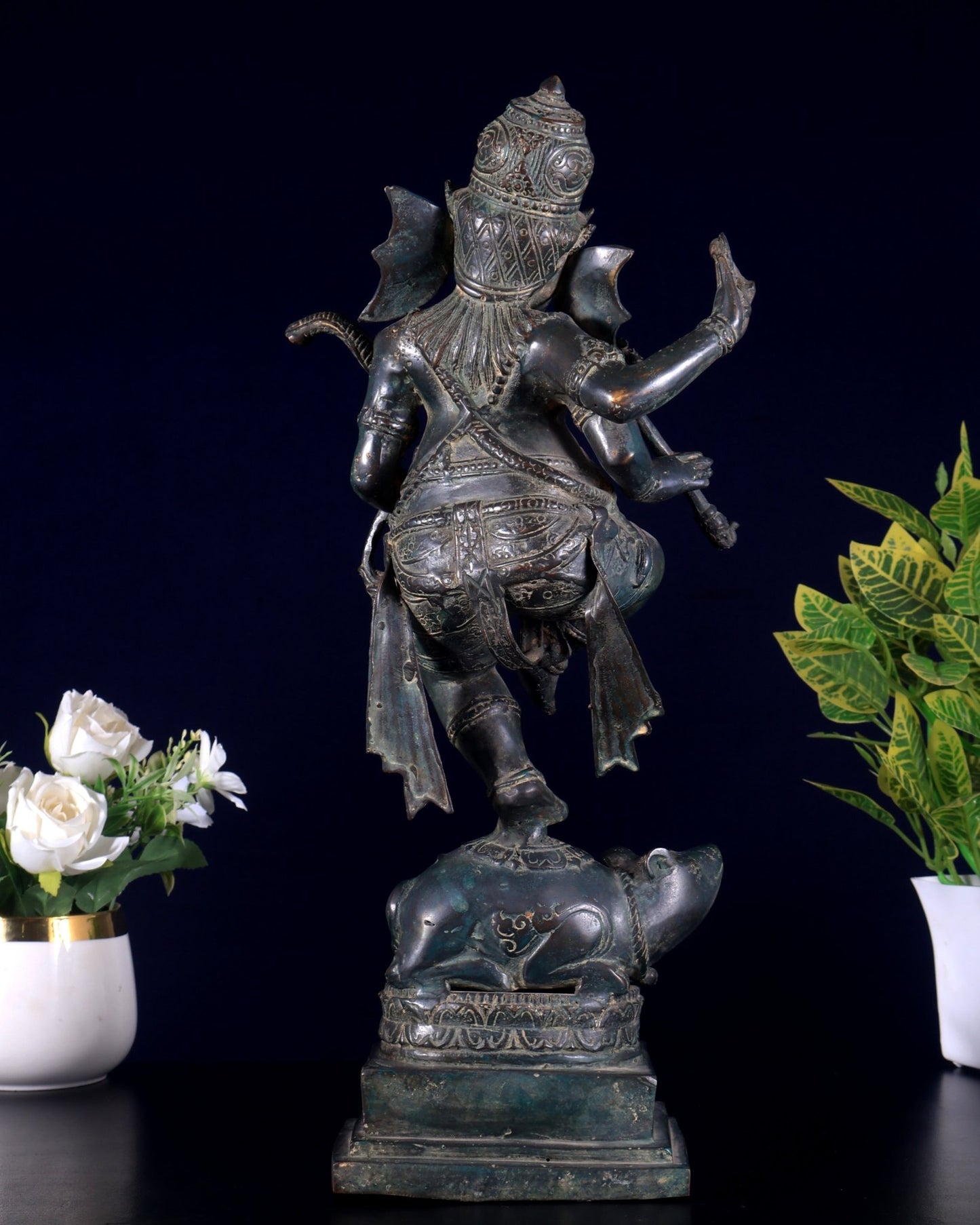 Bronze Dancing Ganesha Playing Flute on Mooshak statue | Lost Wax Casting | 16.5" - Budhshiv.com