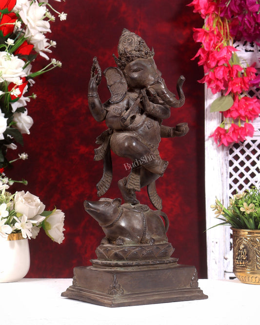 Bronze Dancing Ganesha Playing Flute Statue | Lost Wax Casting | 16.5 inch - Budhshiv.com