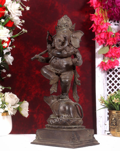 Bronze Dancing Ganesha Playing Flute Statue | Lost Wax Casting | 16.5 inch - Budhshiv.com