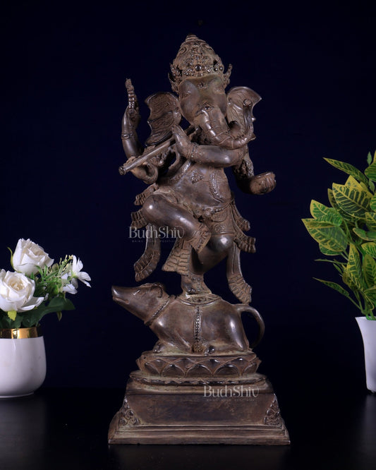Bronze Dancing Ganesha Playing Flute Statue | Lost Wax Casting | 16.5" - Budhshiv.com