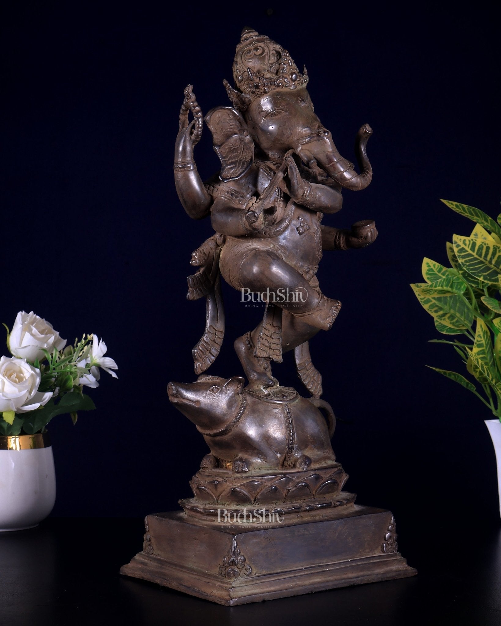 Bronze Dancing Ganesha Playing Flute Statue | Lost Wax Casting | 16.5" - Budhshiv.com