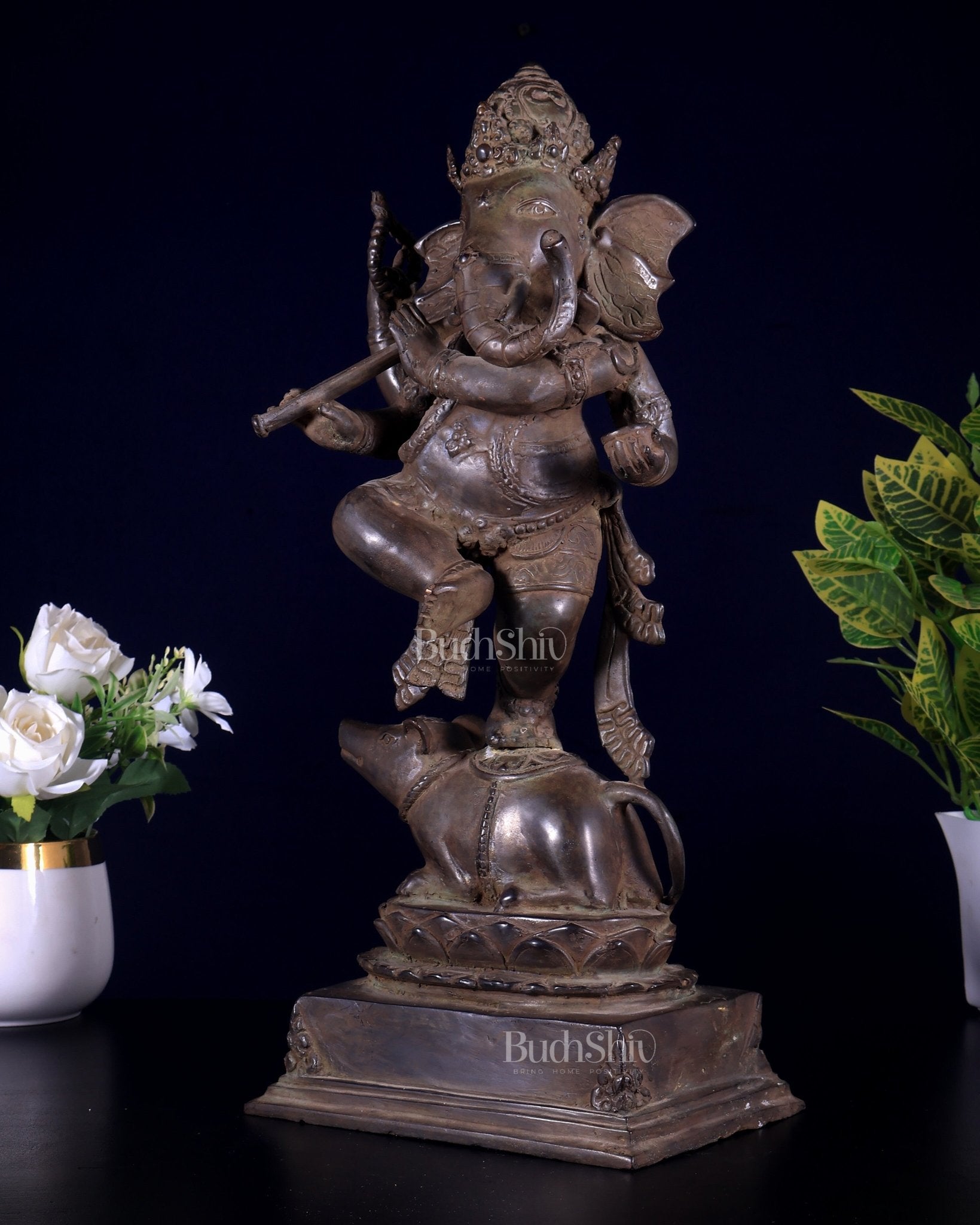 Bronze Dancing Ganesha Playing Flute Statue | Lost Wax Casting | 16.5" - Budhshiv.com