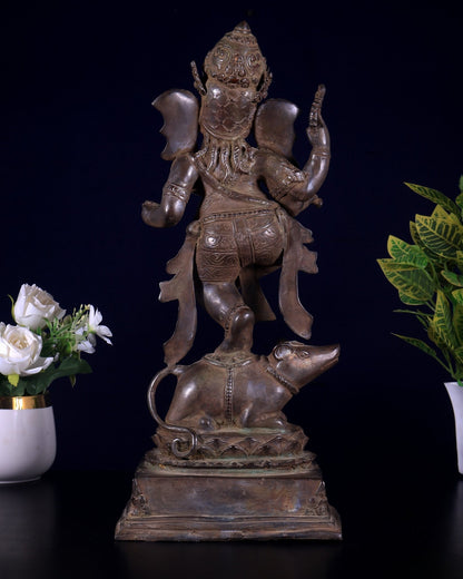 Bronze Dancing Ganesha Playing Flute Statue | Lost Wax Casting | 16.5" - Budhshiv.com