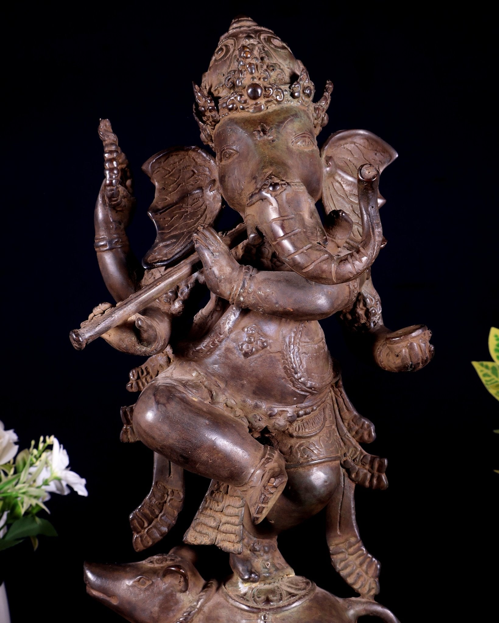 Bronze Dancing Ganesha Playing Flute Statue | Lost Wax Casting | 16.5" - Budhshiv.com