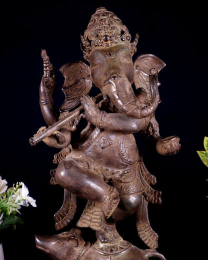 Bronze Dancing Ganesha Playing Flute Statue | Lost Wax Casting | 16.5" - Budhshiv.com