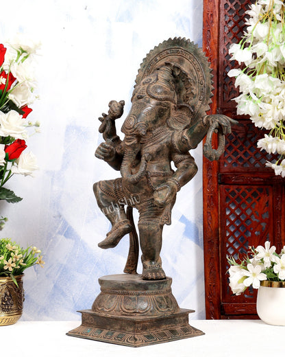 Bronze Dancing Ganesha Statue | Nritya Ganapati | Vintage Patina Tone | Handcrafted Bronze Sculpture 20.5 inch - Budhshiv.com