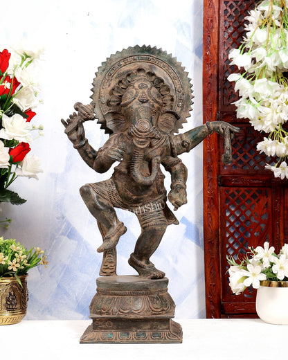 Bronze Dancing Ganesha Statue | Nritya Ganapati | Vintage Patina Tone | Handcrafted Bronze Sculpture 20.5 inch - Budhshiv.com