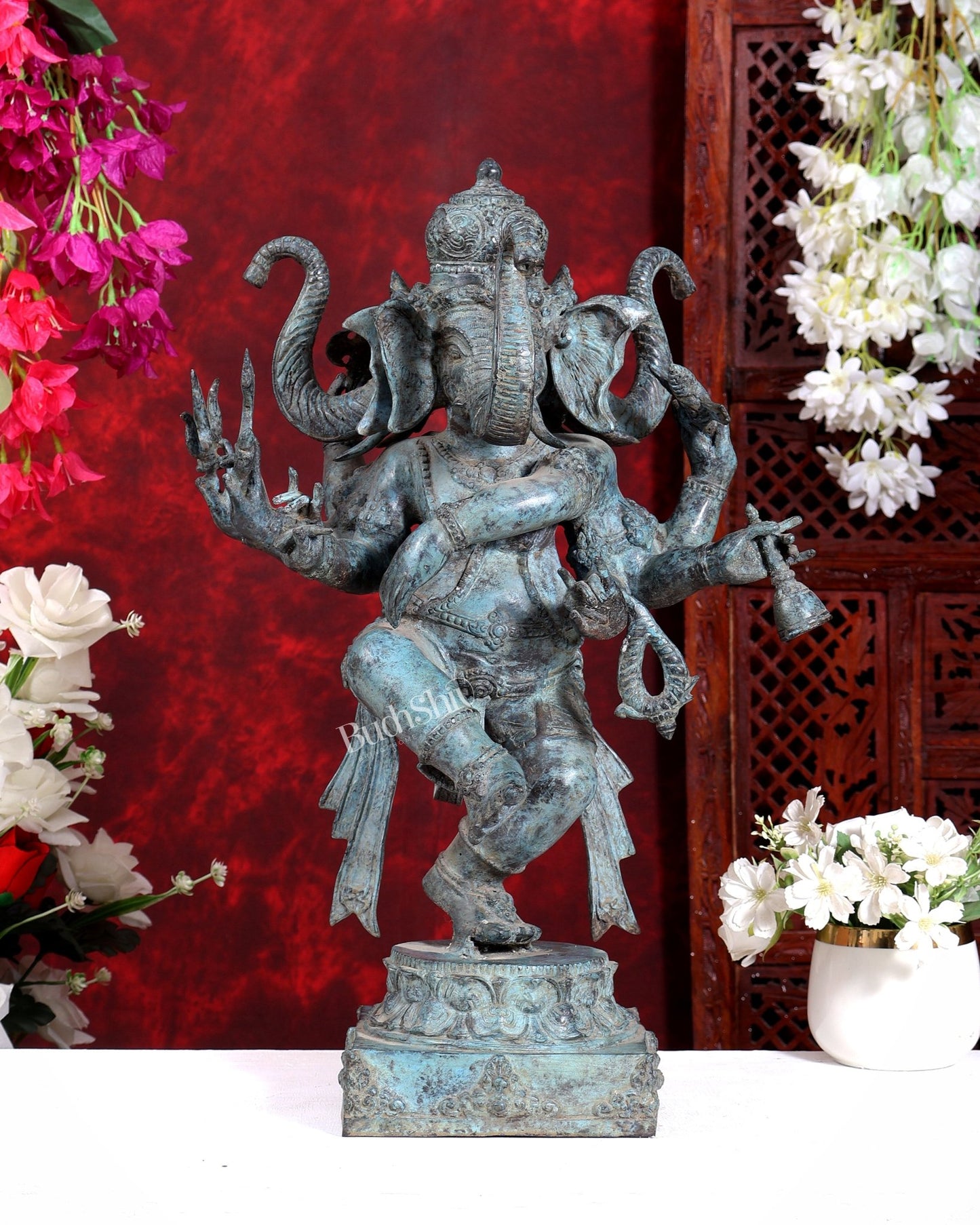 Bronze Dancing Ganesha Statue three faced 20 inch - Budhshiv.com