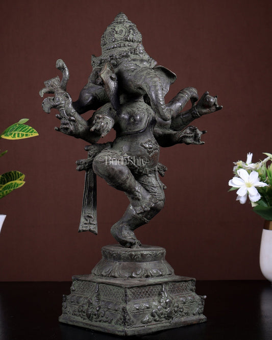 Bronze Dancing Ganesha Statue – Three - Faced (Trimukhi) Indonesian Depiction 12.5 inch - Budhshiv.com