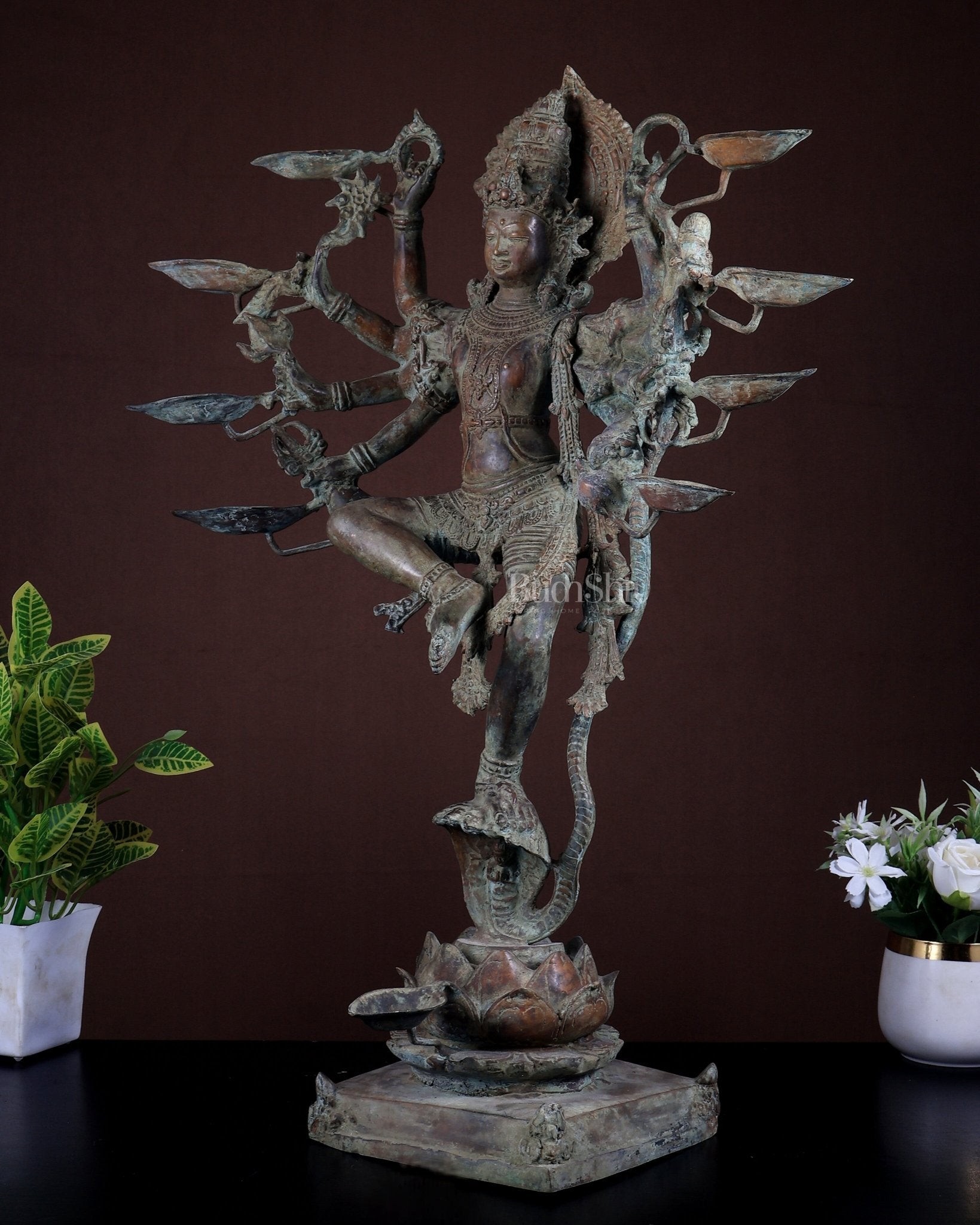 Bronze Dancing Krishna with Diyas in hands Sculpture – 26" Green patina - Budhshiv.com