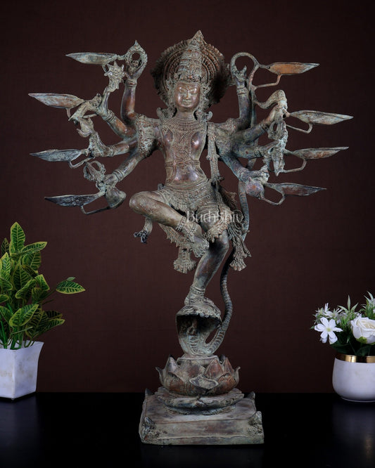 Bronze Dancing Krishna with Diyas in hands Sculpture – 26" Green patina - Budhshiv.com