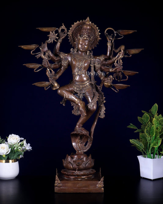 Bronze Dancing Krishna with Diyas in hands Sculpture – 26" Height, Lost Wax Casting - Budhshiv.com
