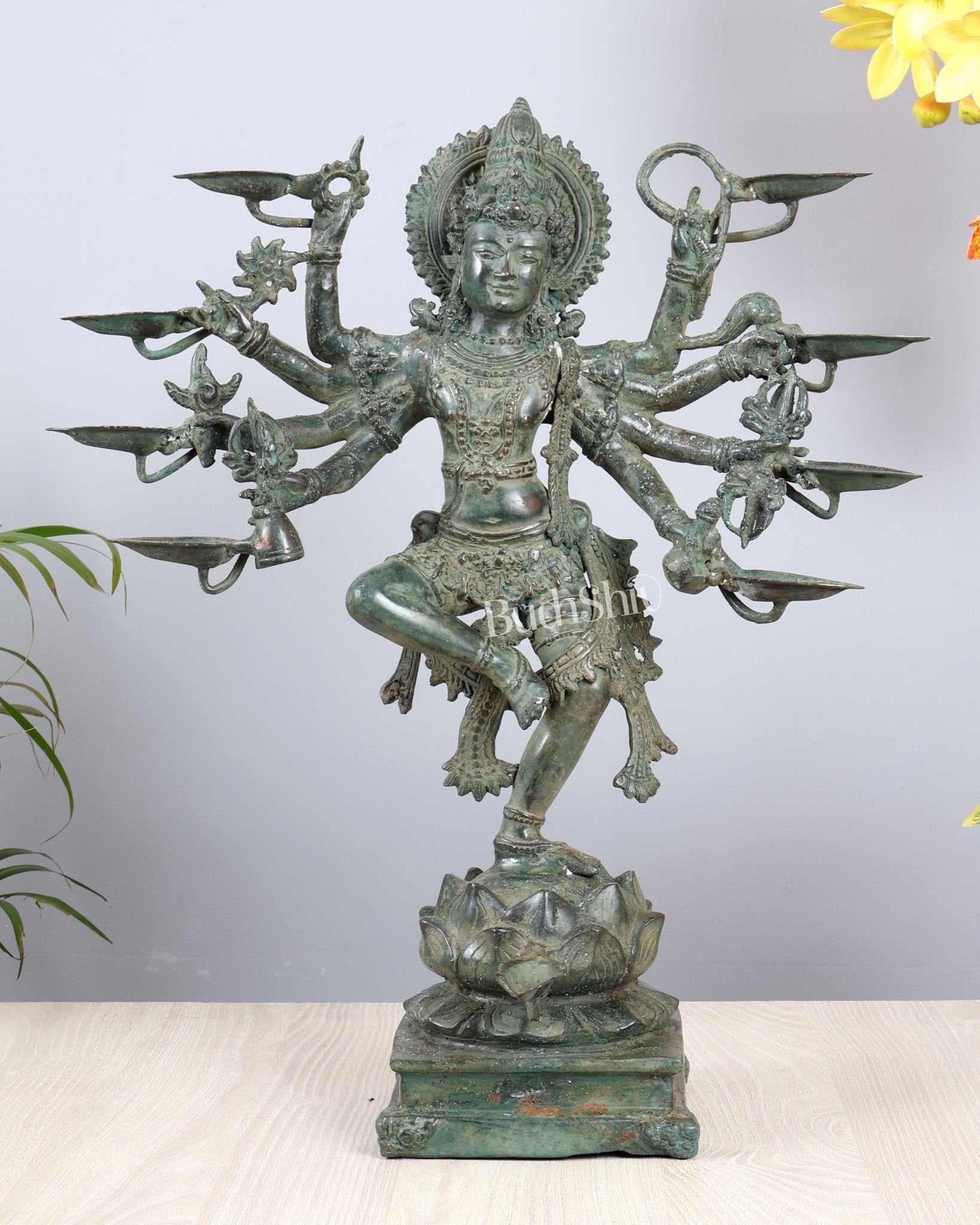 Bronze Dancing Krishna with Eight Arms & Diyas on Lotus Base – Balinese Lost Wax Masterpiece 19.5 inch - Budhshiv.com