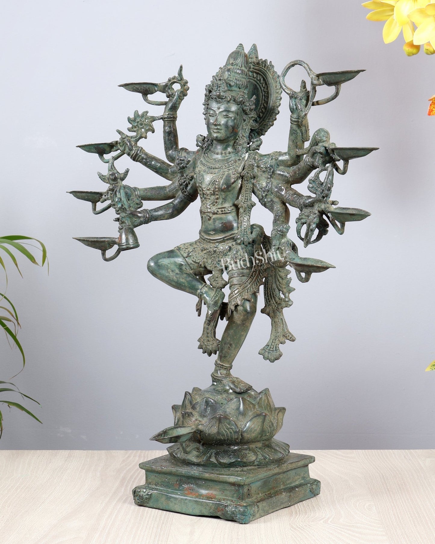 Bronze Dancing Krishna with Eight Arms & Diyas on Lotus Base – Balinese Lost Wax Masterpiece 19.5 inch - Budhshiv.com