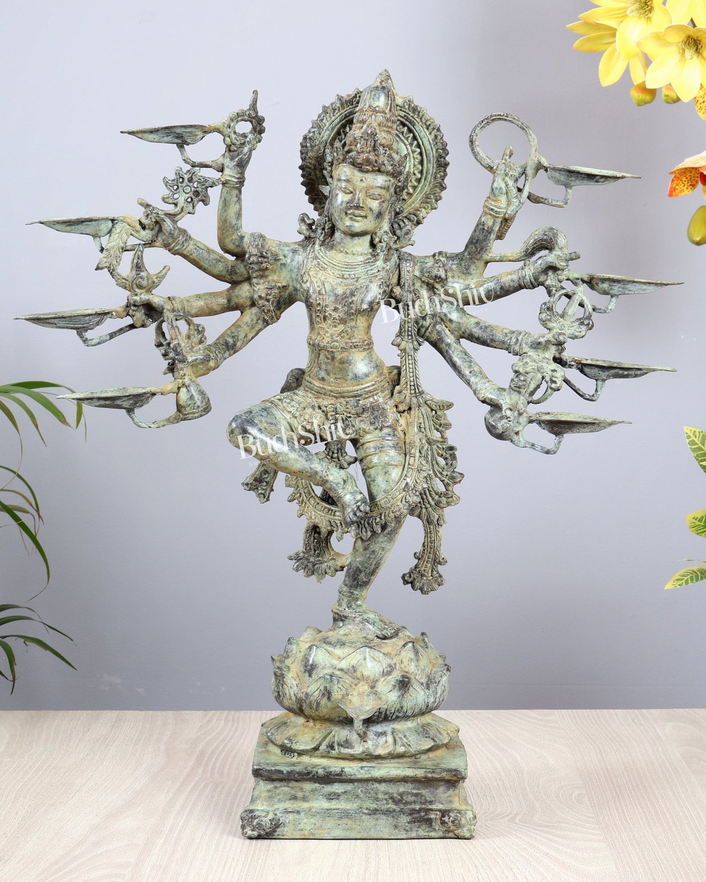 Bronze Dancing Krishna with Eight Arms & Diyas on Lotus Base – Balinese Lost Wax Masterpiece 19.5 inch - Budhshiv.com
