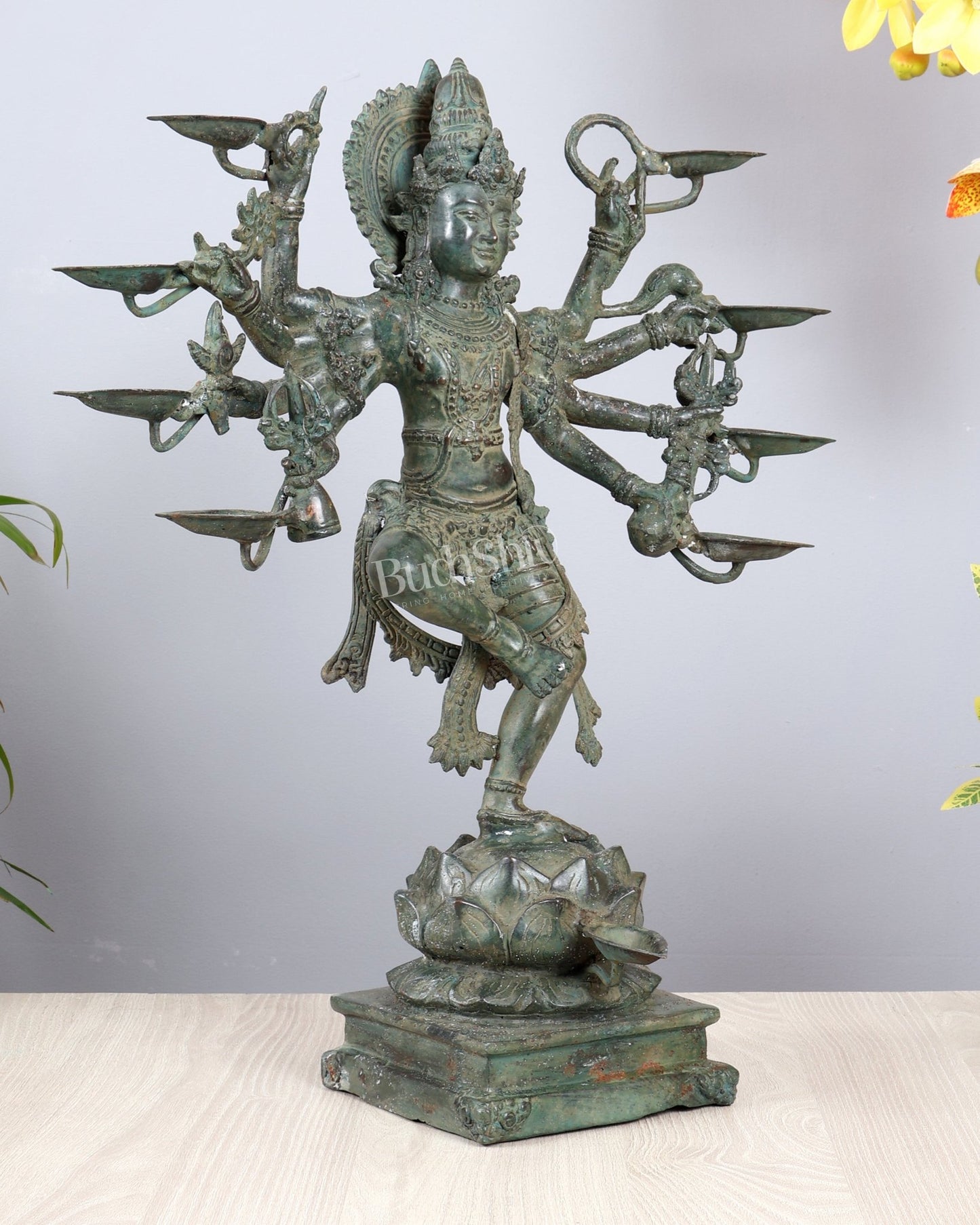 Bronze Dancing Krishna with Eight Arms & Diyas on Lotus Base – Balinese Lost Wax Masterpiece 19.5 inch - Budhshiv.com