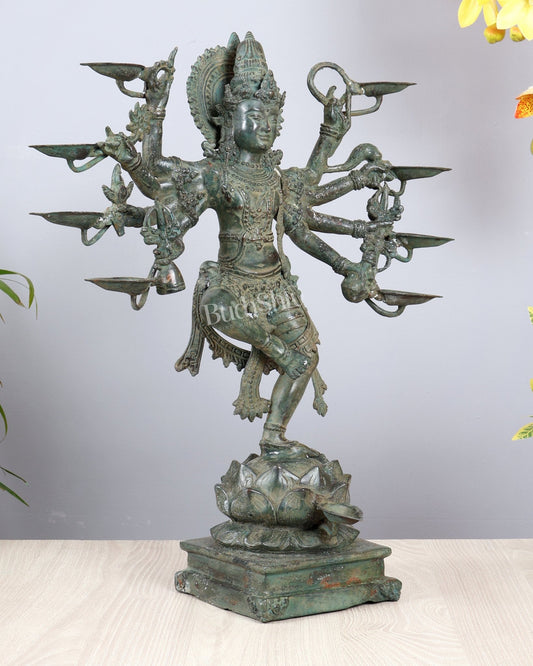 Bronze Dancing Krishna with Eight Arms & Diyas on Lotus Base – Balinese Lost Wax Masterpiece 19.5 inch - Budhshiv.com