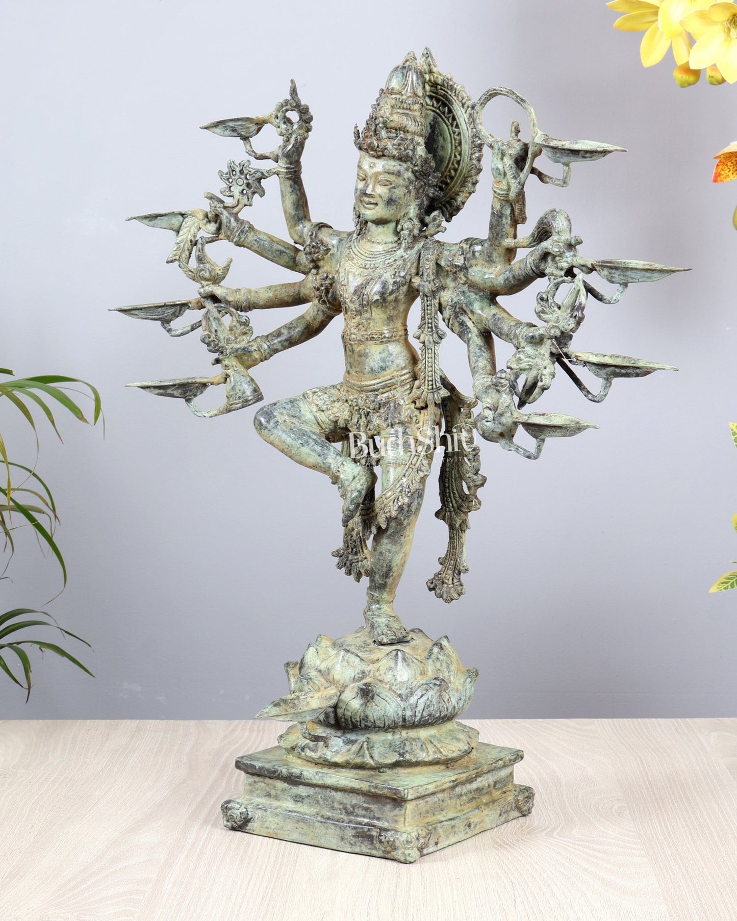 Bronze Dancing Krishna with Eight Arms & Diyas on Lotus Base – Balinese Lost Wax Masterpiece 19.5 inch - Budhshiv.com