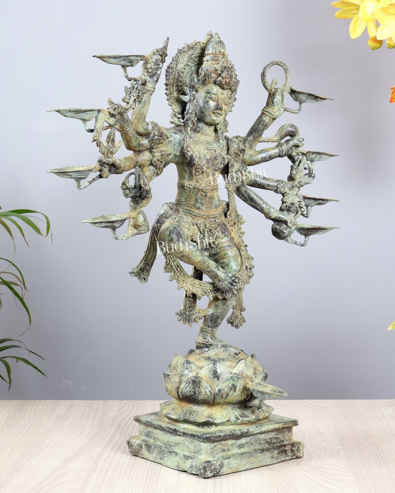 Bronze Dancing Krishna with Eight Arms & Diyas on Lotus Base – Balinese Lost Wax Masterpiece 19.5 inch - Budhshiv.com