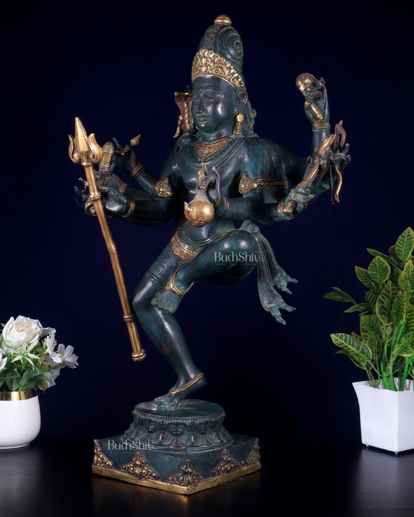 Bronze Dancing Shiva with eight arms and large trishul Sculpture – 24" Height - Budhshiv.com