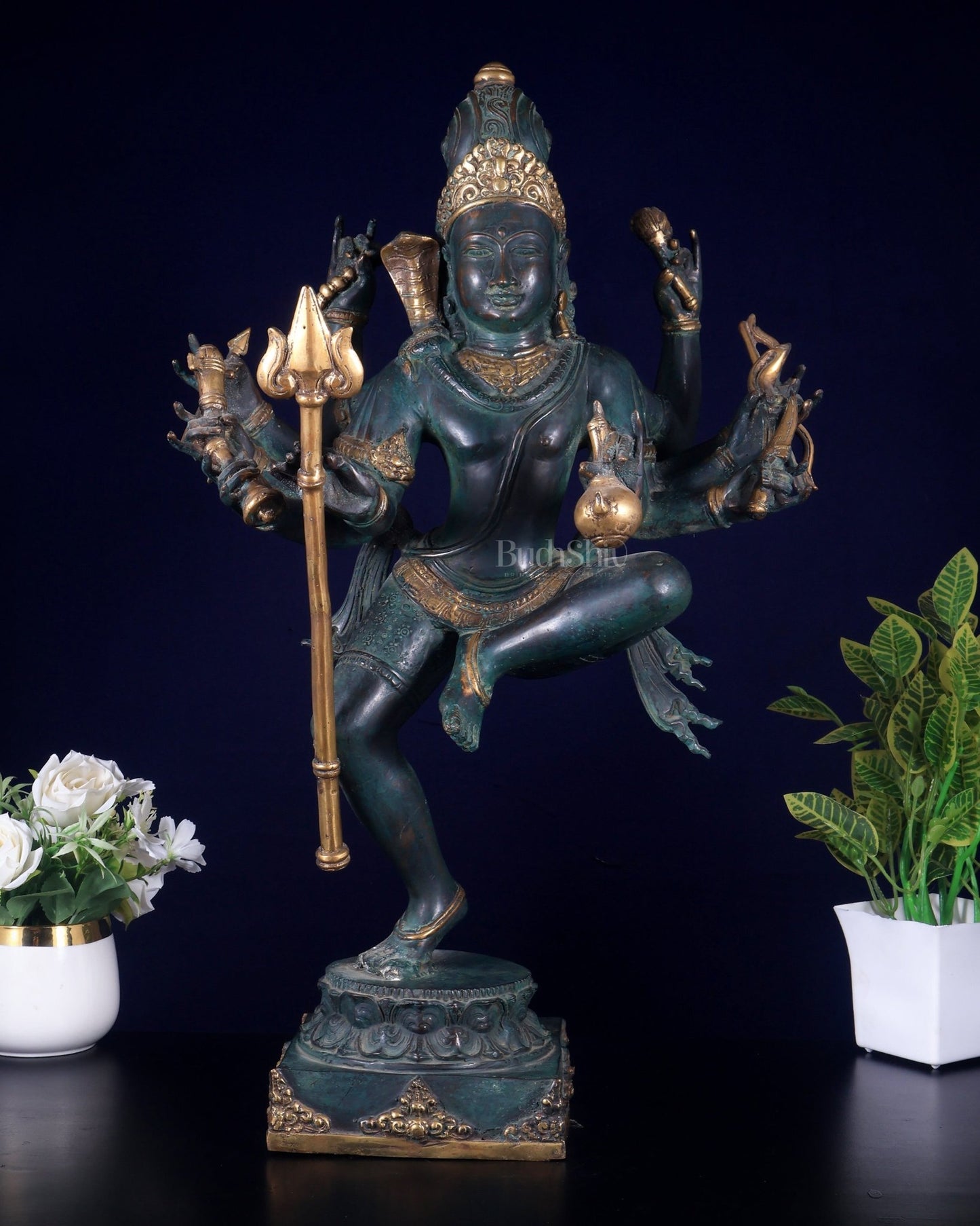 Bronze Dancing Shiva with eight arms and large trishul Sculpture – 24" Height - Budhshiv.com