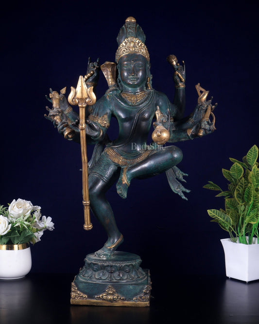 Bronze Dancing Shiva with eight arms and large trishul Sculpture – 24" Height - Budhshiv.com