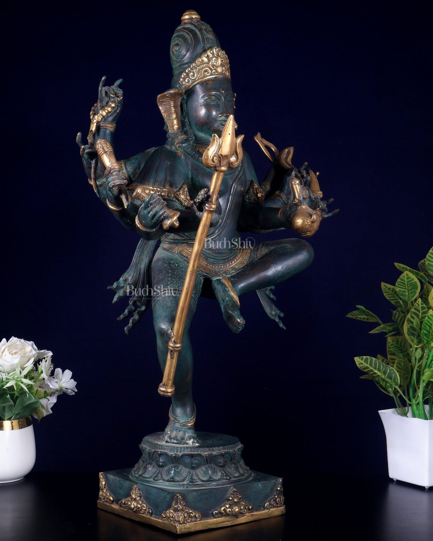 Bronze Dancing Shiva with eight arms and large trishul Sculpture – 24" Height - Budhshiv.com