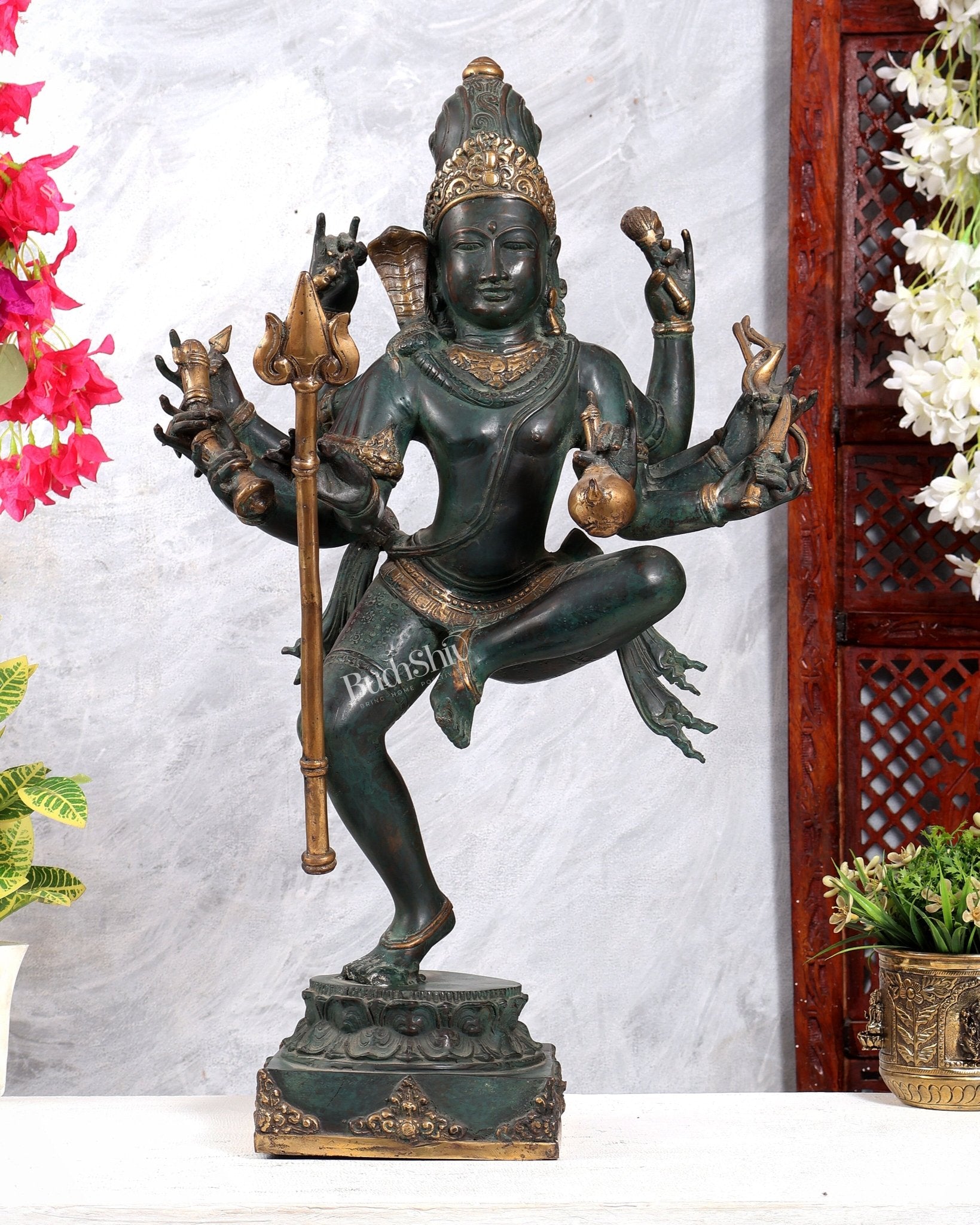 Bronze Dancing Shiva with eight arms and large trishul Sculpture – 24 inch - Budhshiv.com