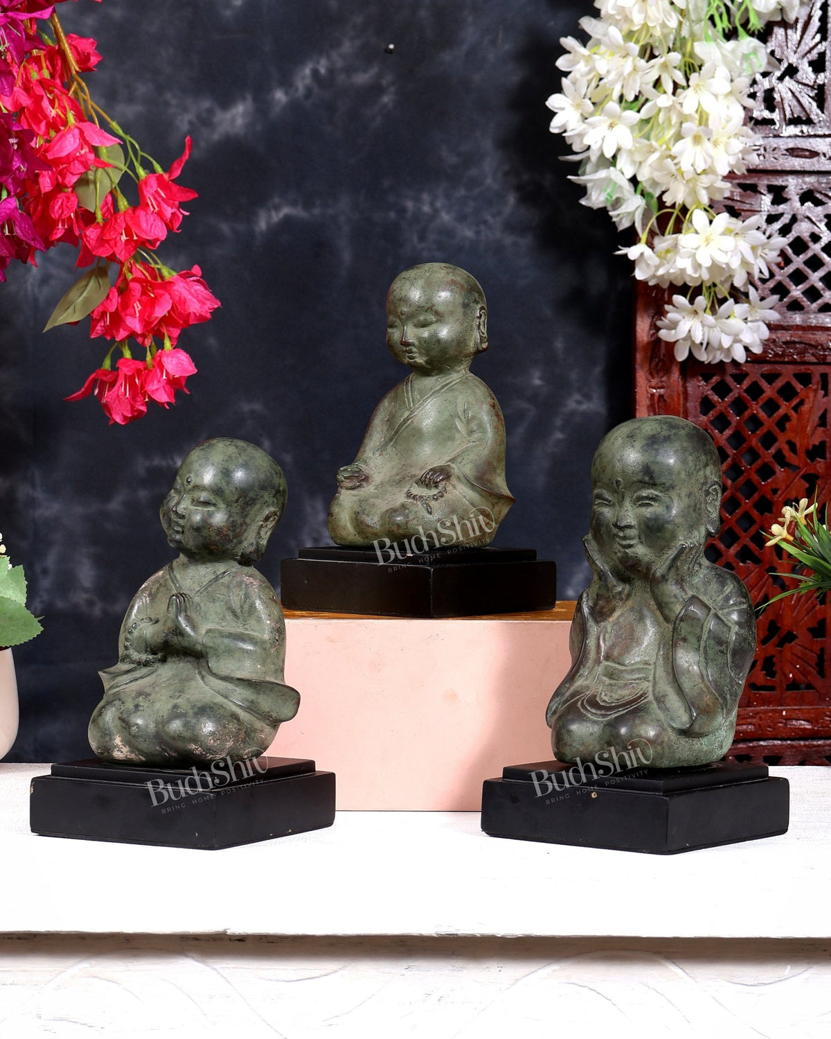 Bronze Disciple Baby Happy Monks — Set of Three, Balinese Bronze 8" - Budhshiv.com
