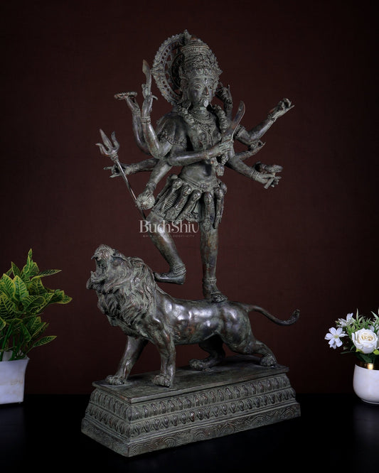Bronze Fierce Kali Standing on Lion Statue | Patina Finish | 29 Inch Large Sculpture - Budhshiv.com