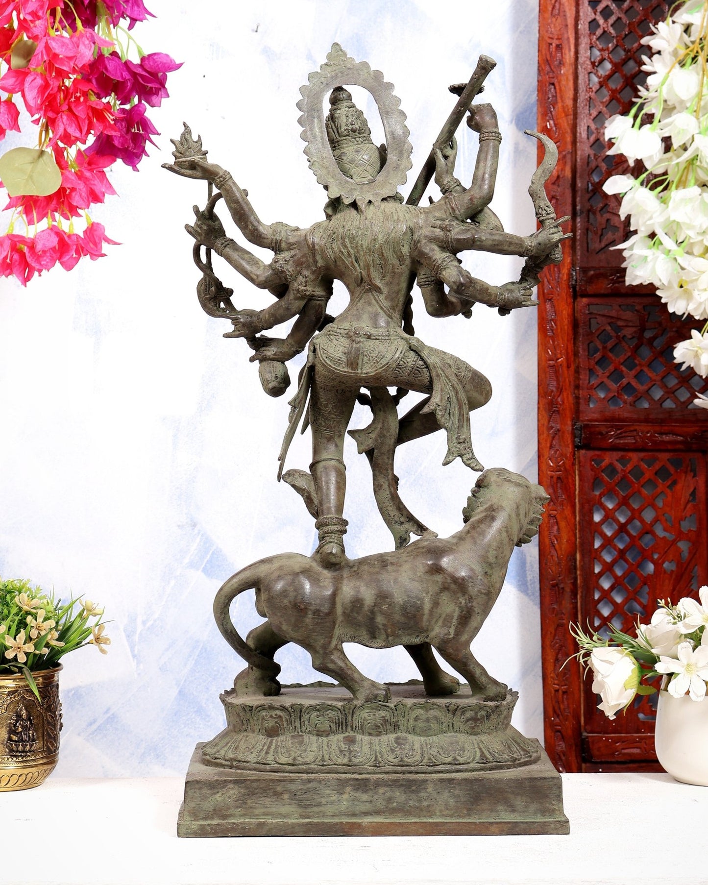 Bronze Fierce Kali Standing on Lion Statue | Patina Finish | 29 Inch Large Sculpture - Budhshiv.com