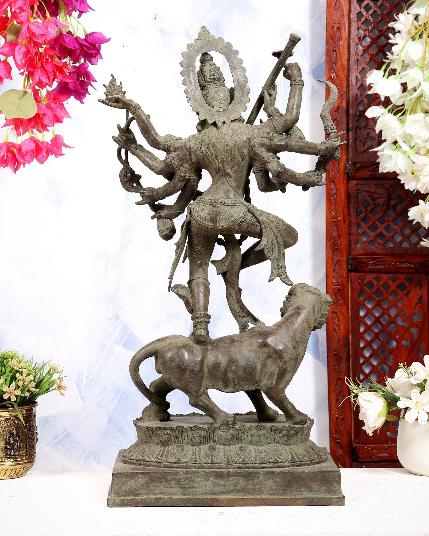 Bronze Fierce Kali Standing on Lion Statue | Patina Finish | 29 Inch Large Sculpture - Budhshiv.com