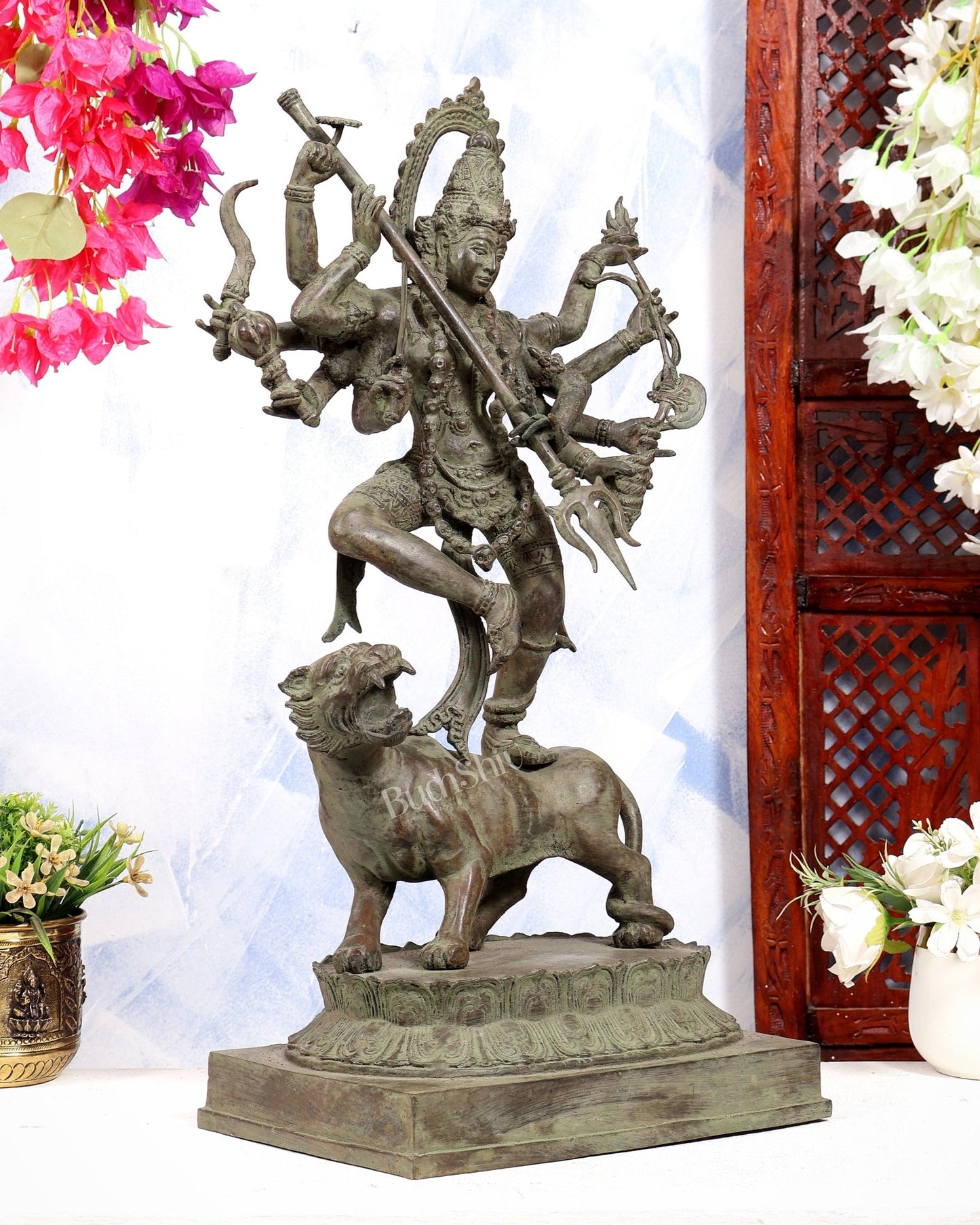Bronze Fierce Kali Standing on Lion Statue | Patina Finish | 29 Inch Large Sculpture - Budhshiv.com