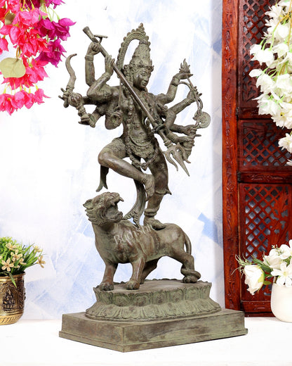 Bronze Fierce Kali Standing on Lion Statue | Patina Finish | 29 Inch Large Sculpture - Budhshiv.com