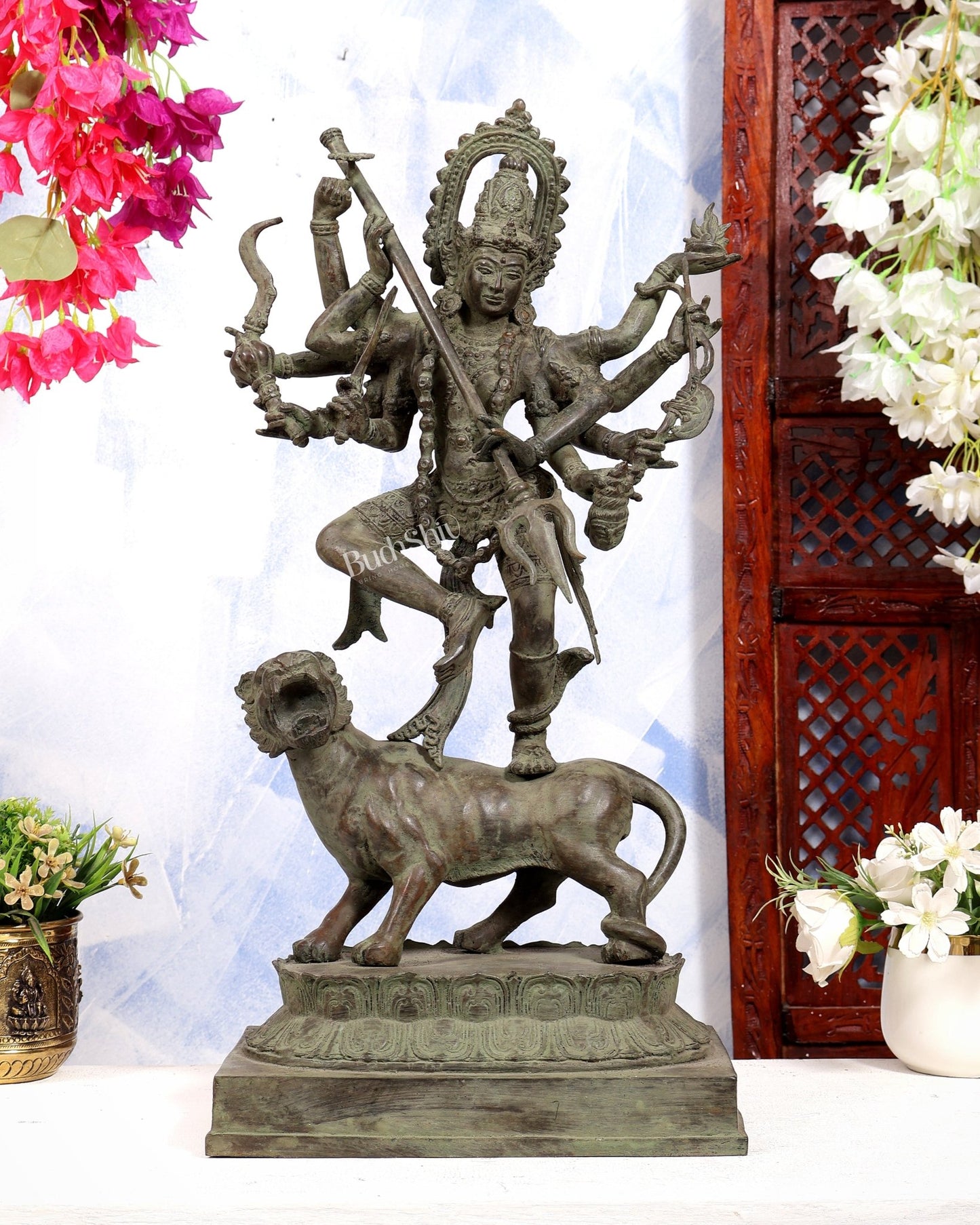 Bronze Fierce Kali Standing on Lion Statue | Patina Finish | 29 Inch Large Sculpture - Budhshiv.com