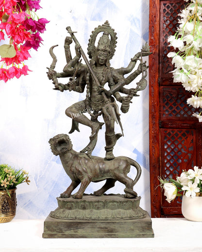 Bronze Fierce Kali Standing on Lion Statue | Patina Finish | 29 Inch Large Sculpture - Budhshiv.com