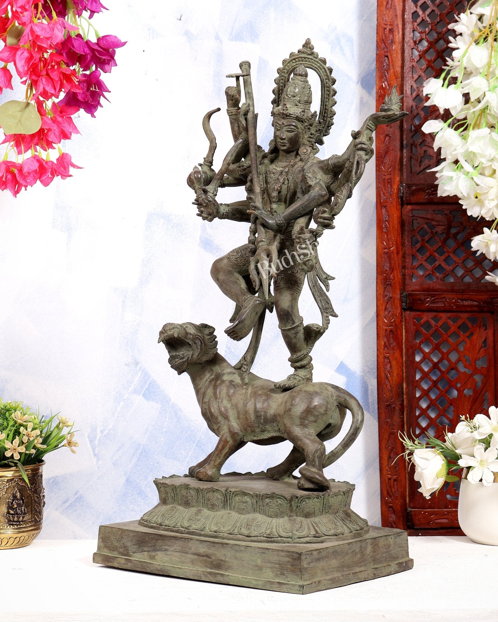 Bronze Fierce Kali Standing on Lion Statue | Patina Finish | 29 Inch Large Sculpture - Budhshiv.com