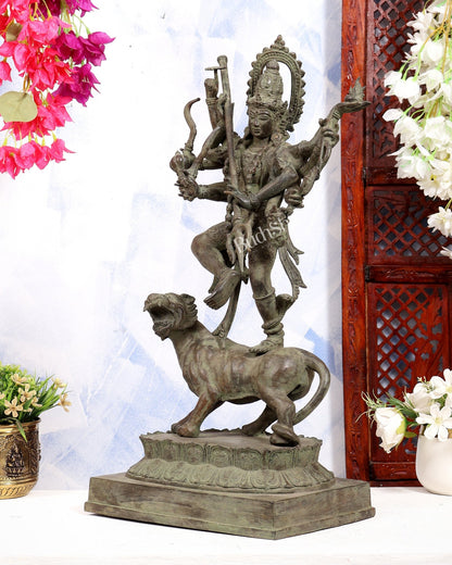Bronze Fierce Kali Standing on Lion Statue | Patina Finish | 29 Inch Large Sculpture - Budhshiv.com