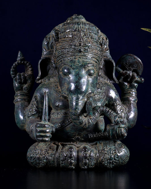 Bronze Ganesha Lost Wax Sculpture | 9" Indonesian Style with Mahakal Back - Budhshiv.com