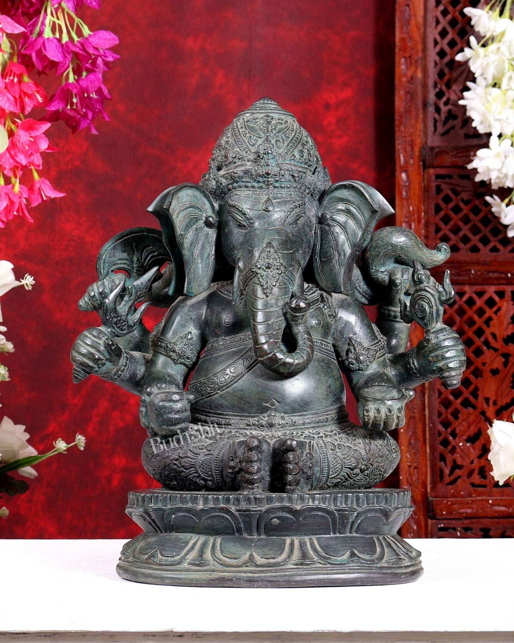 Bronze Ganesha Sculpture – Three-Headed, 16" Lost Wax Casting - Budhshiv.com