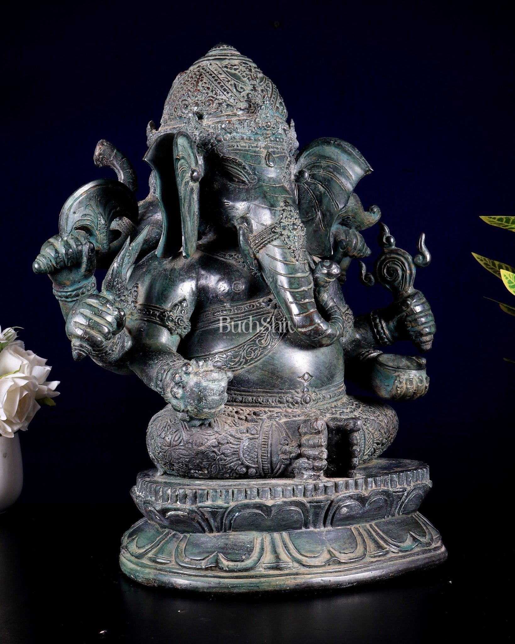 Bronze Ganesha Sculpture – Three - Headed, 16" Lost Wax Casting - Budhshiv.com
