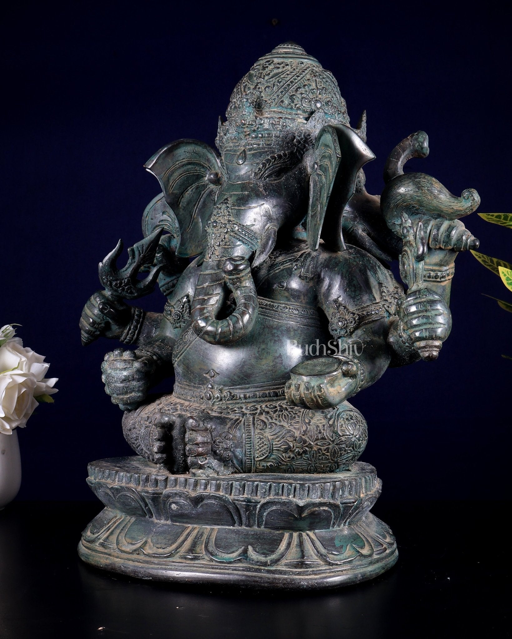 Bronze Ganesha Sculpture – Three - Headed, 16" Lost Wax Casting - Budhshiv.com