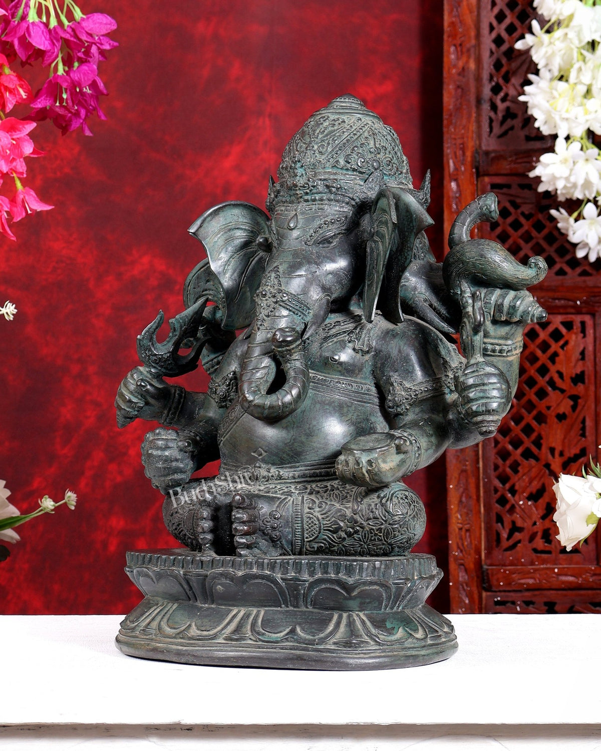 Bronze Ganesha Sculpture – Three-Headed, 16" Lost Wax Casting - Budhshiv.com