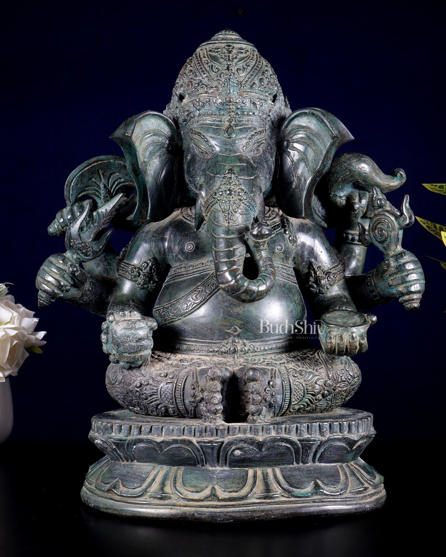 Bronze Ganesha Sculpture – Three - Headed, 16" Lost Wax Casting - Budhshiv.com