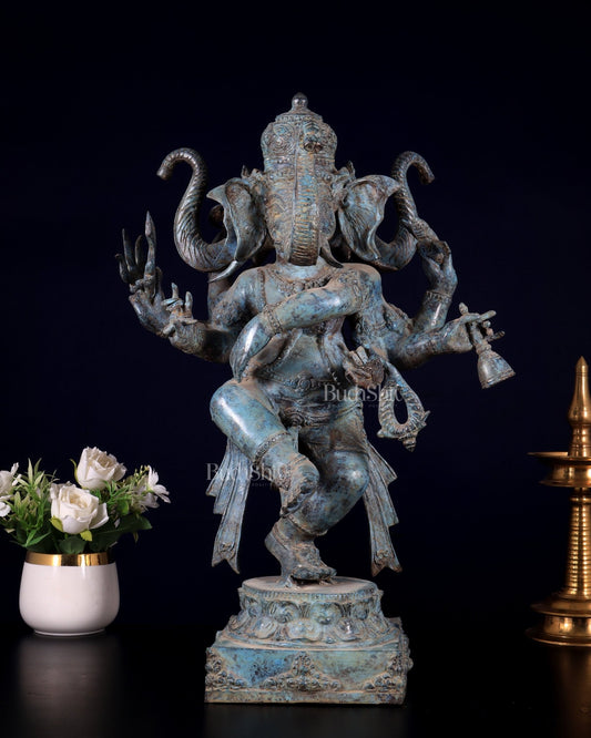 Bronze Ganesha Statue three faced Master Sculpture 20 inch - Budhshiv.com