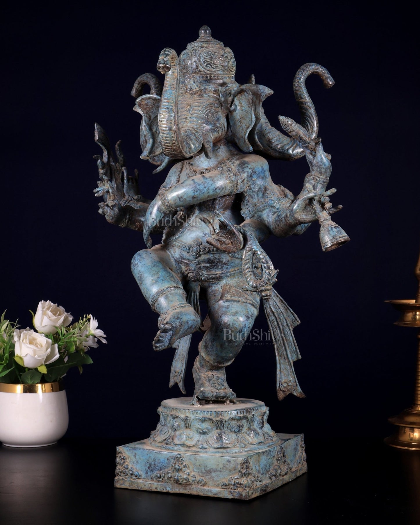 Bronze Ganesha Statue three faced Master Sculpture 20 inch - Budhshiv.com