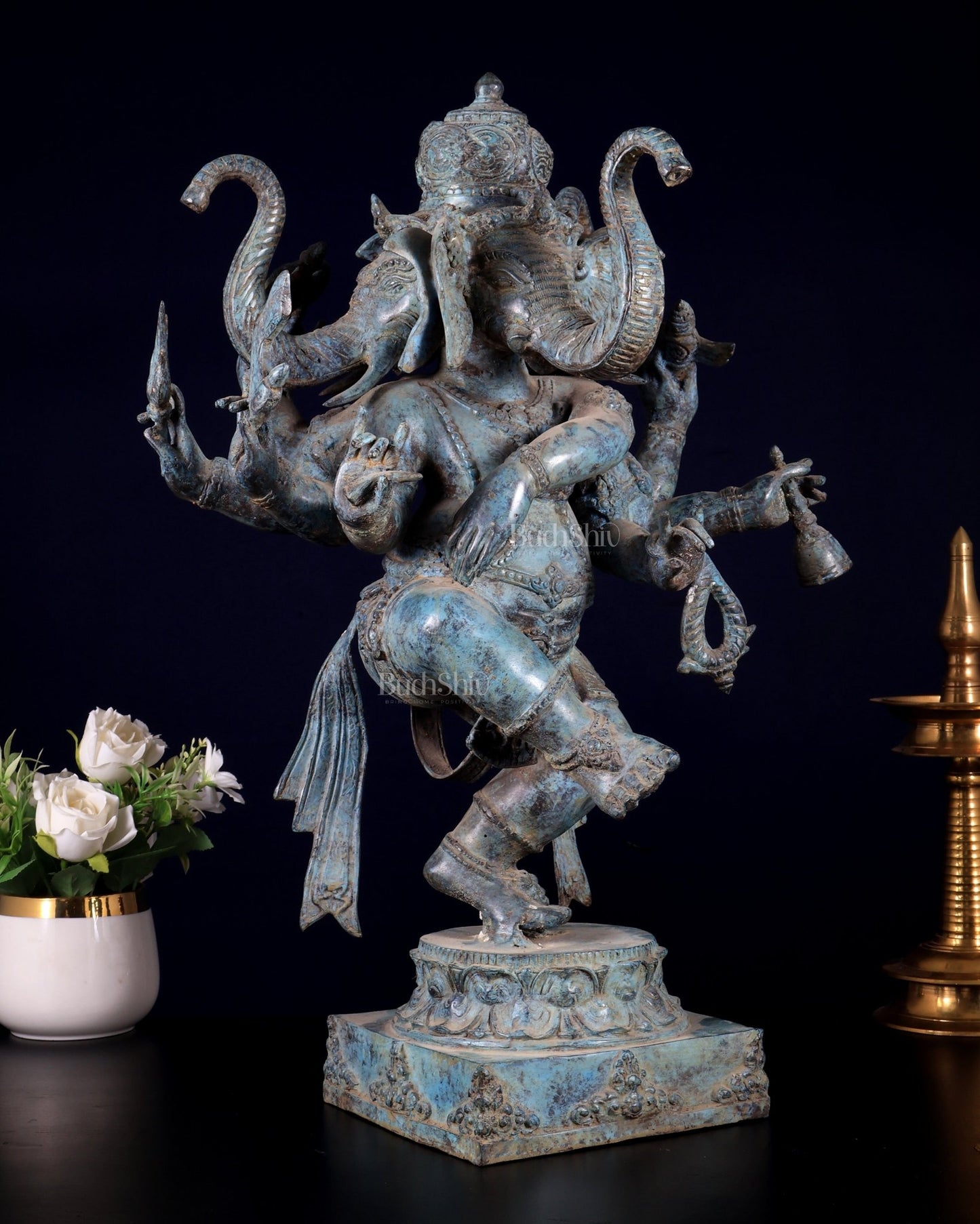 Bronze Ganesha Statue three faced Master Sculpture 20 inch - Budhshiv.com