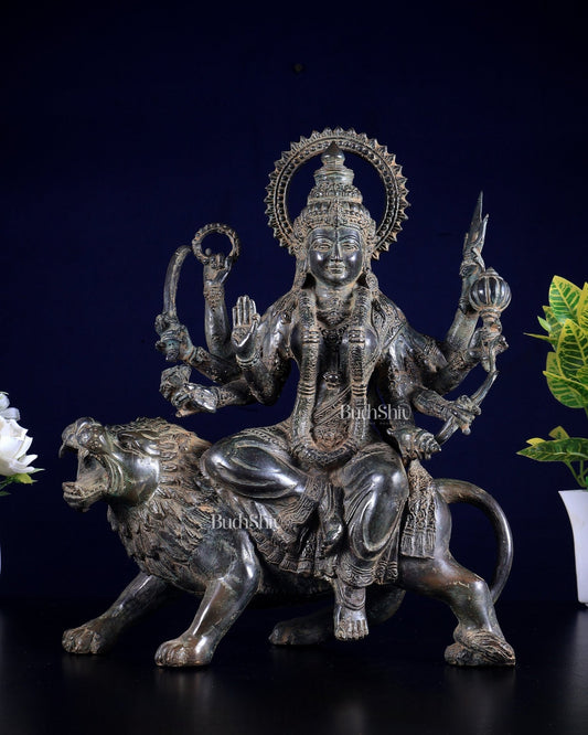 Bronze Goddess Durga on lion Sculpture 13.5" - Budhshiv.com